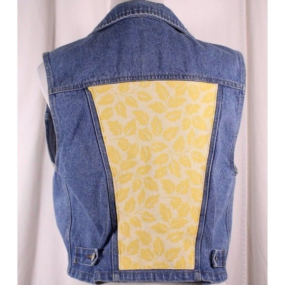 Blue Denim Yellow Vest Metal Floral Embelishment THREADS ON THREADS Size M L - Picture 5 of 6